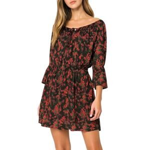 Jack By BB Dakota Black Red Floral Print Tie Front Bell Sleeve Dress Medium